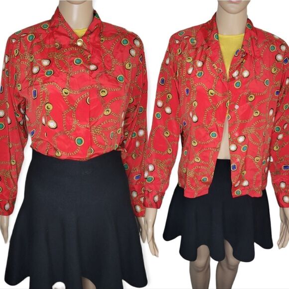 HP🎀Josephine Petites long sleeve red chain pattern button down shirt. - Picture 2 of 12